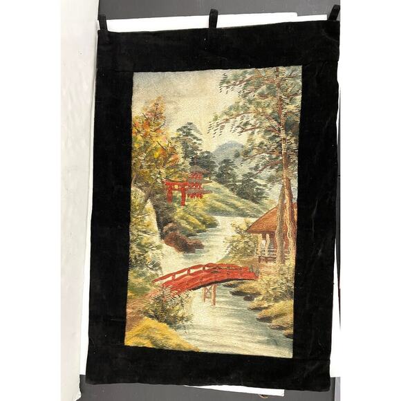 VTG Japanese Silk Embroidery Wall Hanging Tapestry Handmade Village River 19"x28 - Picture 1 of 15